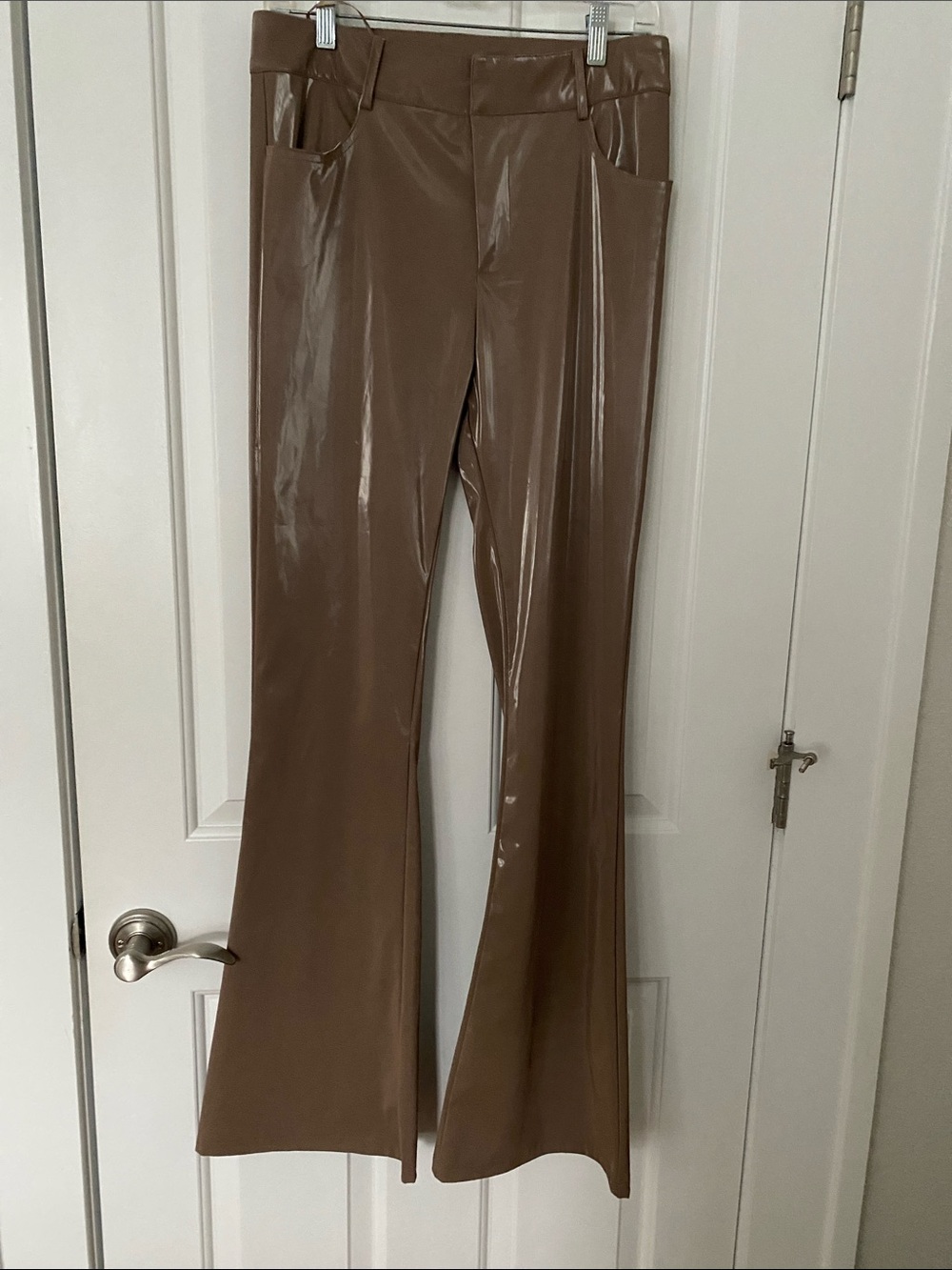 Women's High-Rise Faux Leather Flare Pants - Taupe